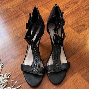 Vince Camuto Black Lazer Cut Pattern & Stud Front Strap Zip Back Sandals